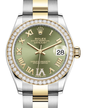 Rolex Lady-Datejust 31 Yellow Gold/Steel Olive Green Roman Diamond VI Dial & Diamond Bezel Oyster Bracelet 278383RBR - BRAND NEW
