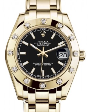 Rolex Pearlmaster 34 Yellow Gold Black Index Dial & Diamond Set Bezel Pearlmaster Bracelet 81318 - BRAND NEW