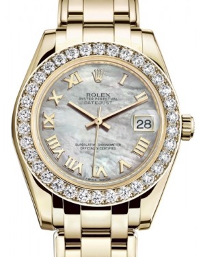 Rolex Pearlmaster 34 Yellow Gold White Mother of Pearl Roman Dial & Diamond Bezel Pearlmaster Bracelet 81298 - BRAND NEW