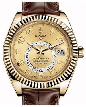 Rolex Sky-Dweller 326138-0004 Champagne Arabic Fluted Yellow Gold & Leather 42mm - BRAND NEW