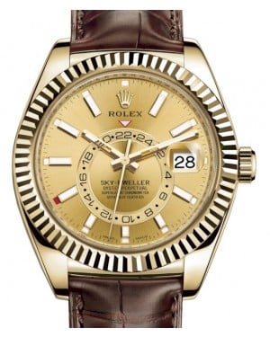 Rolex Sky-Dweller Yellow Gold Champagne Index Dial Fluted Bezel Leather Strap 326138 - BRAND NEW
