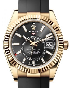 Rolex Sky-Dweller Yellow Gold Bright Black Index Dial Oysterflex Rubber Strap 336238 - BRAND NEW