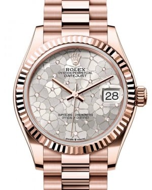 Rolex Datejust 31 Rose Gold Silver Floral Motif Dial & Fluted Bezel President Bracelet 278275 - BRAND NEW