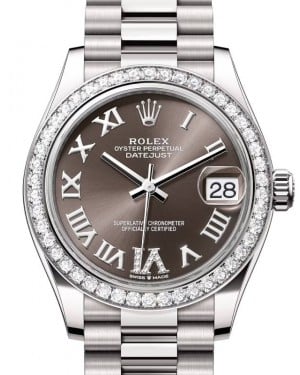 Rolex Datejust 31 White Gold Dark Grey Roman VI Diamond Dial & Diamond Bezel President Bracelet 278289RBR - BRAND NEW