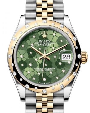 Rolex Datejust 31 Yellow Gold/Steel Olive Green Floral Motif Dial & Domed Set Diamond Bezel Jubilee Bracelet 278343RBR - BRAND NEW