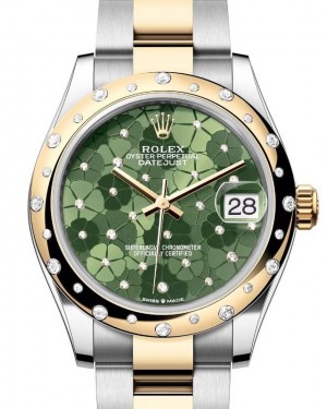 Rolex Datejust 31 Yellow Gold/Steel Olive Green Floral Motif Dial & Domed Set Diamond Bezel Oyster Bracelet 278343RBR - BRAND NEW