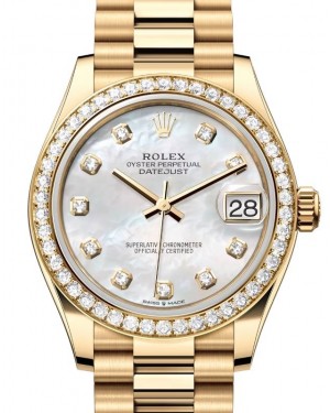 Rolex Datejust 31 Yellow Gold White Mother of Pearl Dial & Diamond Bezel President Bracelet 278288RBR - BRAND NEW
