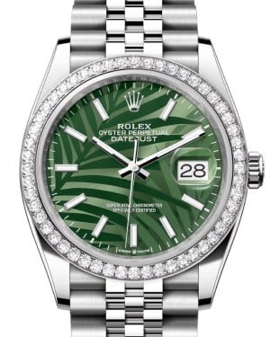 Rolex Datejust 36 White Gold/Steel Olive Green Palm Motif Index Dial Diamond Bezel Jubilee Bracelet 126284RBR - BRAND NEW