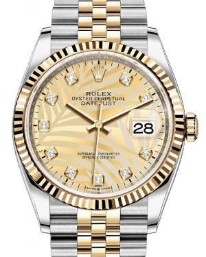 Rolex Datejust 36 Yellow Gold/Steel Golden Palm Motif Diamond Dial & Fluted Bezel Jubilee Bracelet 126233 - BRAND NEW