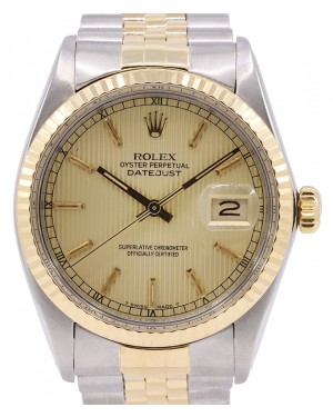 Rolex Datejust 36mm Stainless Steel Champagne Tapestry Dial Yellow Gold Bezel Jubilee Bracelet 16013 - PRE-OWNED