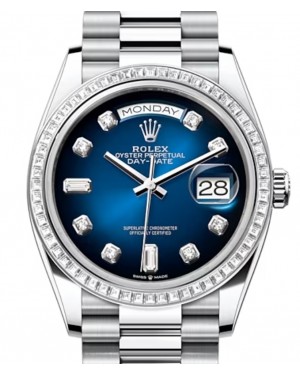 Rolex Day-Date 36 Platinum Blue Ombre Diamond Dial & Diamond Bezel President Bracelet 128396TBR - BRAND NEW