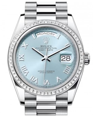 Rolex Day-Date 36 Platinum Ice Blue Roman Dial & Diamond Bezel President Bracelet 128396TBR - BRAND NEW
