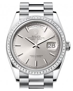 Rolex Day-Date 36 Platinum Silver Index Dial & Diamond Bezel President Bracelet 128396TBR - BRAND NEW
