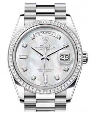 Rolex Day-Date 36 Platinum White Mother of Pearl Diamond Dial & Diamond Bezel President Bracelet 128396TBR - BRAND NEW