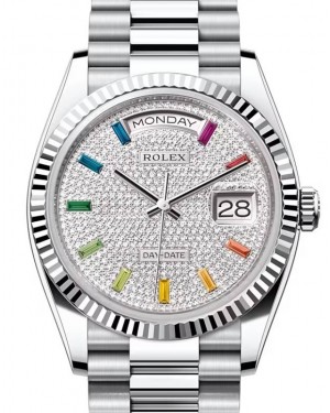 Rolex Day-Date 36 President Platinum Diamond Paved Colored Sapphires Dial & Fluted Bezel 128236 - BRAND NEW