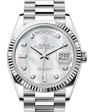 Rolex Day-Date 36 President Platinum White Mother of Pearl Diamond Dial & Fluted Bezel 128236 - BRAND NEW