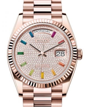 Rolex Day-Date 36 President Rose Gold Diamond Paved Rainbow Colored Sapphires Dial Fluted Bezel 128235 - BRAND NEW