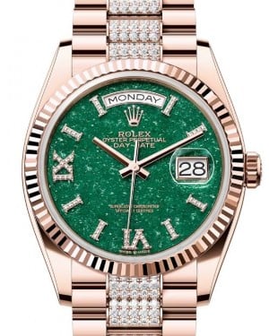 Rolex Day-Date 36 President Rose Gold Green Aventurine Dial Fluted Bezel Diamond Bracelet 128235 - BRAND NEW