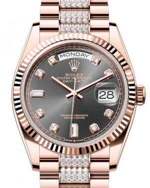 Rolex Day-Date 36 President Rose Gold Slate Dial Fluted Bezel Diamond Bracelet 128235 - BRAND NEW
