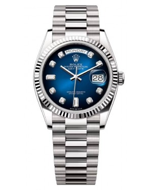 Rolex Day-Date 36 President White Gold Blue Ombre Diamond Dial Fluted Bezel 128239