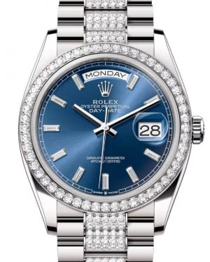 Rolex Day-Date 36 President White Gold Bright Blue Dial Diamond Bezel & Bracelet 128349RBR