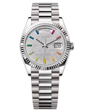 Rolex Day-Date 36 President White Gold Diamond Paved Rainbow Colored Sapphires Dial Fluted Bezel 128239