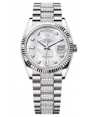Rolex Day-Date 36 President White Gold White Mother of Pearl Dial Fluted Bezel Diamond Set Bracelet 128239