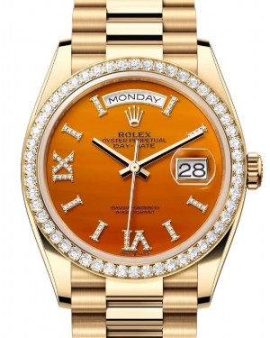 Rolex Day-Date 36 President Yellow Gold Carnelian Orange Dial Diamond Bezel 128348RBR - BRAND NEW