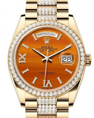 Rolex Day-Date 36 President Yellow Gold Carnelian Orange Dial Diamond Bezel & Bracelet 128348RBR - BRAND NEW