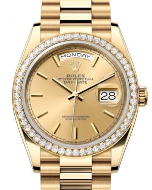 Rolex Day-Date 36 President Yellow Gold Champagne Index Dial Diamond Bezel 128348RBR - BRAND NEW