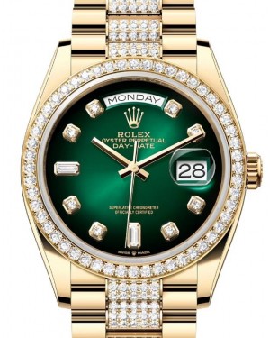 Rolex Day-Date 36 President Yellow Gold Green Ombre Dial Diamond Bezel & Bracelet 128348RBR - BRAND NEW