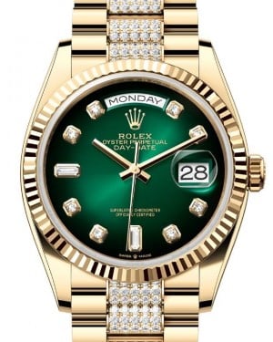 Rolex Day-Date 36 President Yellow Gold Green Ombre Dial Diamond Bracelet 128238 - BRAND NEW