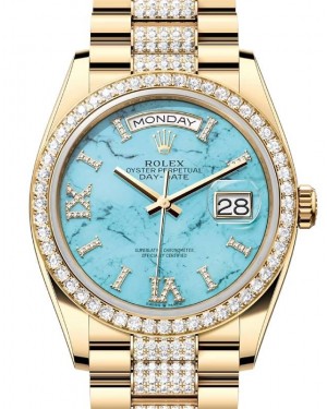 Rolex Day-Date 36 President Yellow Gold Turquoise "Tiffany" Dial Diamond Bezel & Bracelet 128348RBR - BRAND NEW