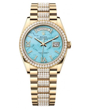 Rolex Day-Date 36 President Yellow Gold Turquoise "Tiffany" Dial Diamond Bezel & Bracelet 128348RBR