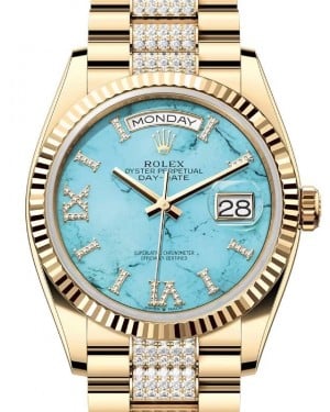 Rolex Day-Date 36 President Yellow Gold Turquoise "Tiffany" Dial Fluted Bezel Diamond Bracelet 128238 - BRAND NEW