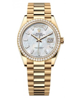 Rolex Day-Date 36 President Yellow Gold White Mother of Pearl Baguette Diamond Dial & Bezel 128348RBR