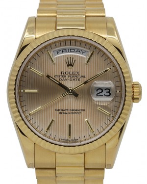 Rolex Day-Date 36 Yellow Gold Silver Tapestry Index Dial & Fluted Bezel President Bracelet 118238 - PRE-OWNED
