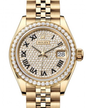 Rolex Lady Datejust 28 Yellow Gold Diamond Paved Roman Dial & Bezel Jubilee Bracelet 279138RBR - BRAND NEW