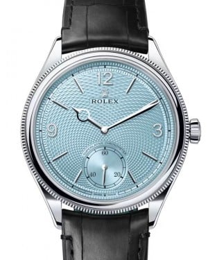 Rolex Perpetual 1908 Platinum Ice Blue Dial Domed/Fluted Bezel Black Leather Strap 52506