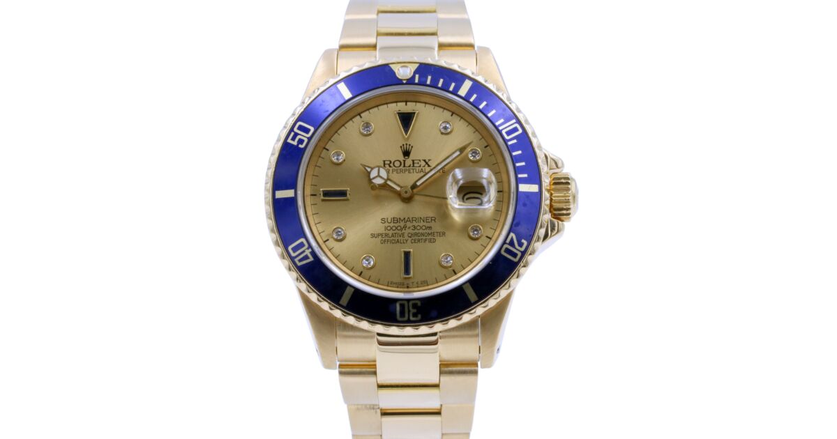 Rolex Submariner 16808 Men's 40mm Serti Champagne Blue Diamond 18k Yellow  Gold Oyster