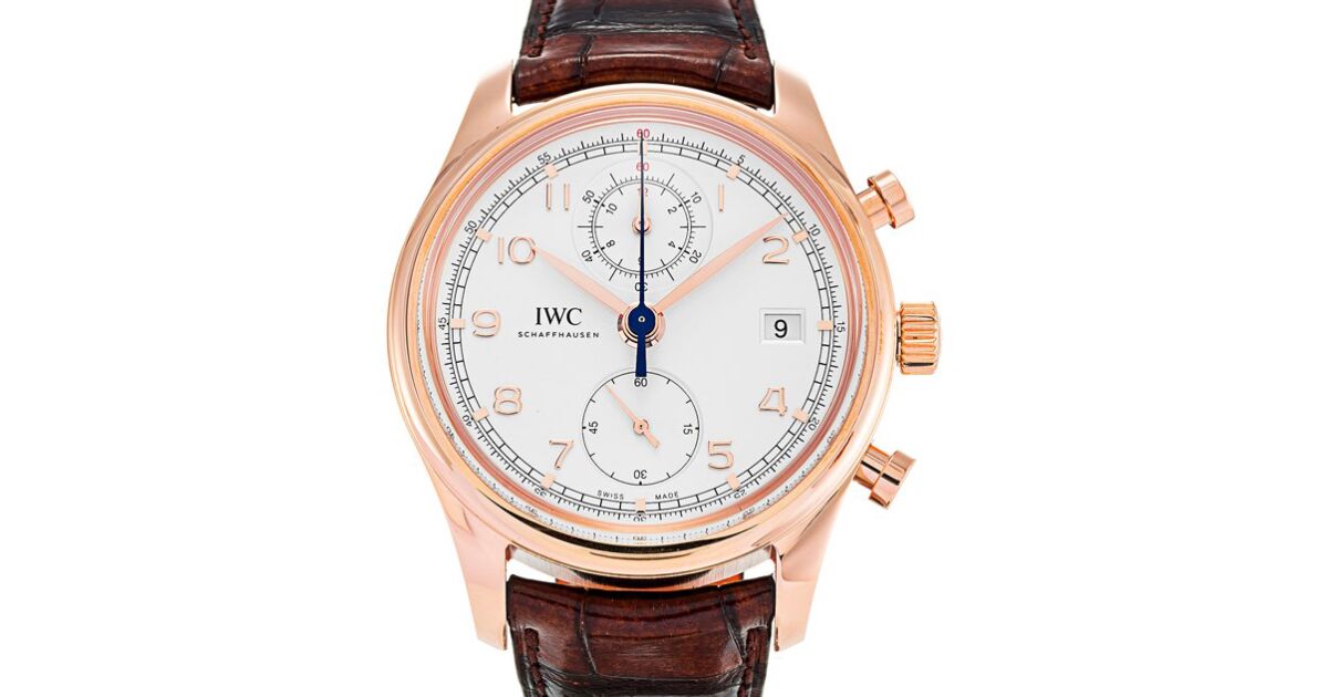 IWC Schaffhausen IW390402 Portugieser Chronograph Classic Silver Plated Arabic Red Gold Brown Leather 42mm Automatic
