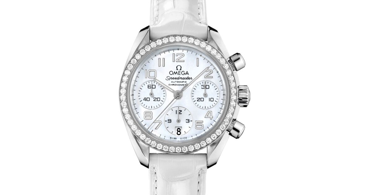 Omega Speedmaster Chronograph Stainless Steel White Mother Of Pearl Dial Diamond Bezel Leather Strap 38mm 324.18.38.40.05.001 BRAND NEW