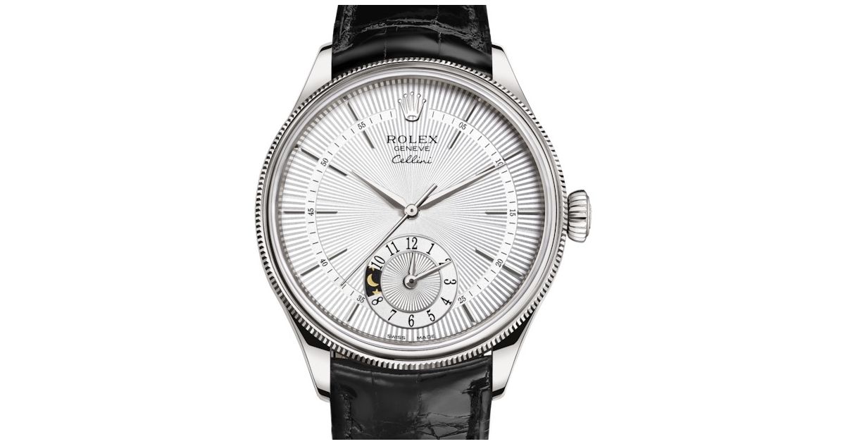 Rolex Cellini Dual Time White Gold Silver Guilloche Index Dial Domed Fluted Double Bezel Black Leather Bracelet 50529 BRAND NEW