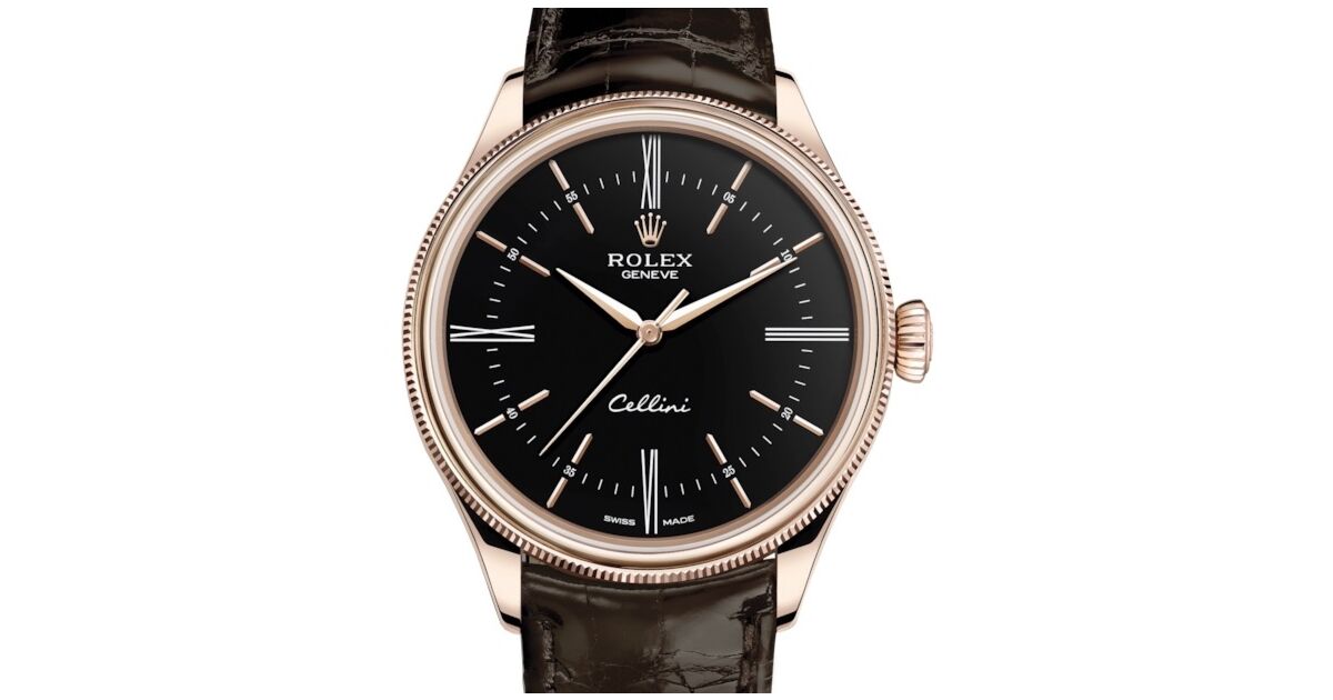 Rolex Cellini Time Rose Gold Black Index Roman Dial Domed Fluted Double Bezel Tobacco Leather Bracelet 50505 BRAND NEW