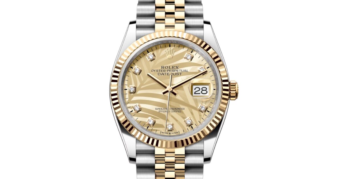 Rolex Datejust 36 Yellow Gold Steel Golden Palm Motif Diamond Dial Fluted Bezel Jubilee Bracelet 126233 BRAND NEW