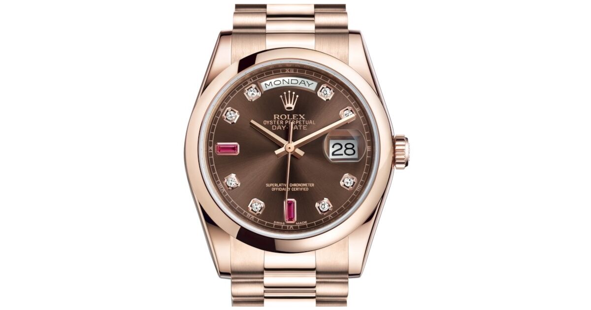 Rolex Day-Date 36 Rose Gold Chocolate Diamond & Rubies Dial