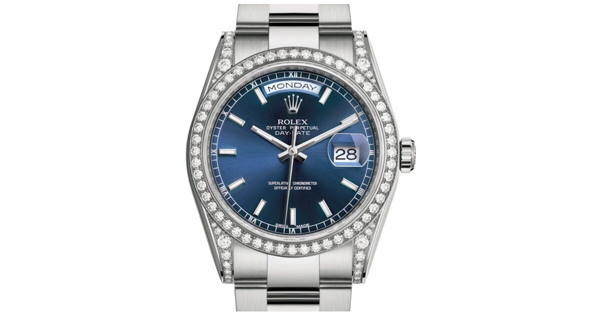 Rolex Day-Date 36 White Gold Blue Index Dial & Diamond Set