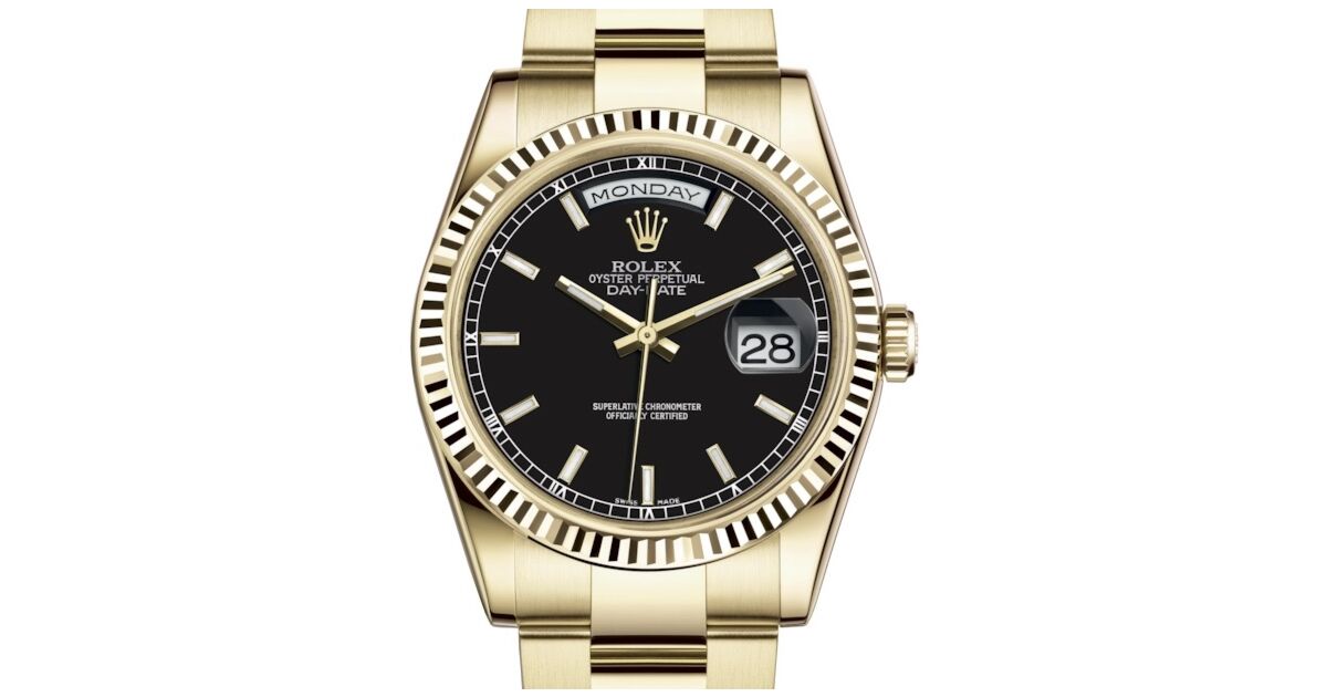 Rolex Day-Date 36 Yellow Gold Black Index Dial & Fluted