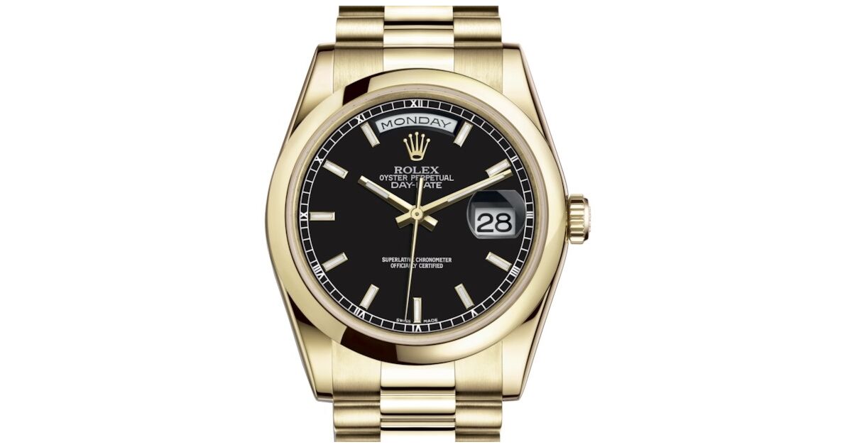 Rolex Day-Date 36 Yellow Gold Black Index Dial & Smooth