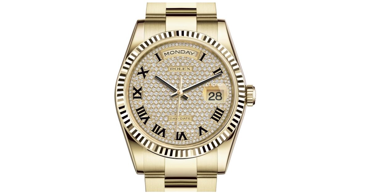 SOLDA　FLUOR 100% Rolex Day-Date 36 Yellow Gold Diamond Paved Roman Dial